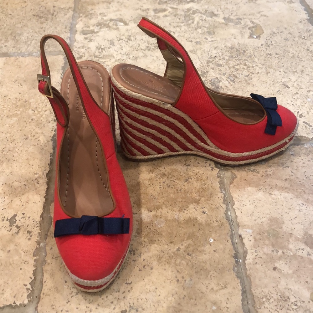 Kate Spade Sweetie Red Wedges with Blue Bow - Picture 3 of 7